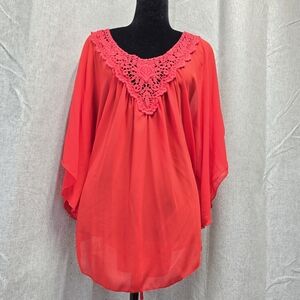 NWT Libian Women's Red Batwing Sleeve Lace Detail Boho Blouse Top Size XL